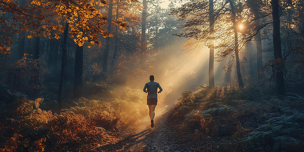 Adult mergând pe o potecă prin pădure, lumină blândă printre copaci